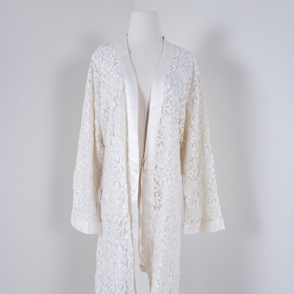 Vintage Lace Robe Bell Sleeve Long belted peignoir satin angel kimono duster - Picture 17 of 17